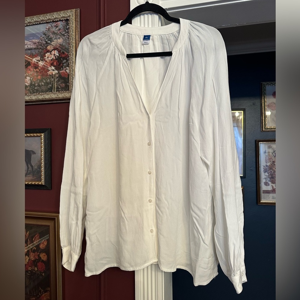Old Navy White Crepe Button-Up Blouse Peasant Top Poet Sleeves Size Large Tall